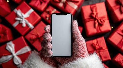 Santa hand holding mobile phone with empty screen in christmas day,holiday shopping online,light background,smartphone,banner sale gifts,Blank white screen,Mockup.