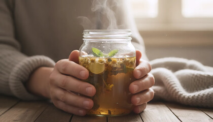 Holding Herbal Tea, Warm Relaxation, Cozy Self-Care Moment
