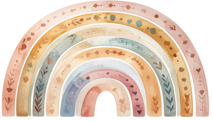 Watercolor rainbow with decorative patterns in warm pastel shades