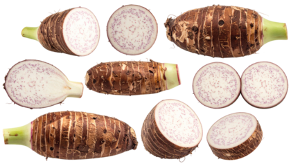 Taro root cut in various angles, showcasing texture and purple speckled flesh