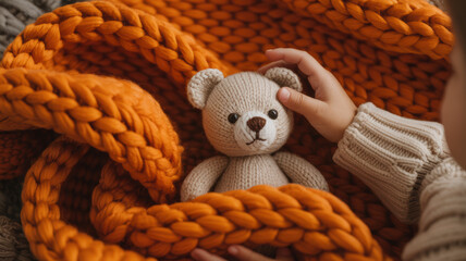 - Child petting knitted teddy bear against orange chunky background.