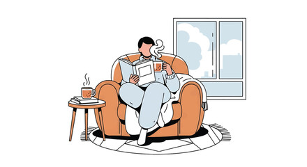 Cozy indoor scene with a person comfortably seated in an armchair, enjoying a book and a warm drink by the window, promoting relaxation and quiet leisure