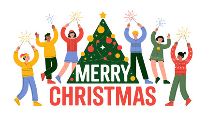 Christmas Sparkle: A festive scene of individuals joyfully celebrating Christmas, with sparklers and a decorated tree. Joyful holiday spirit captured.