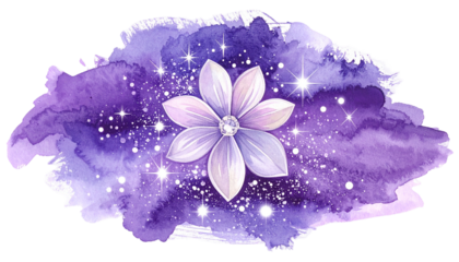 Watercolor galaxy with a shimmering, elegant flower at the center