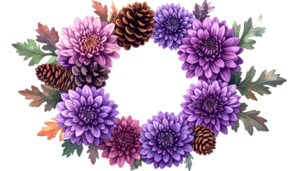 A floral wreath of purple and pink mums, pinecones, and autumn leaves