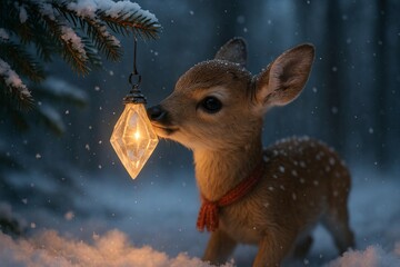 Adorable Baby Deer Fawn with a Red Scarf Looking at a Glowing Diamond Lantern in the Snow
