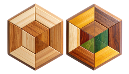 Two hexagonal wooden coasters with intricate geometric patterns and diverse wood tones