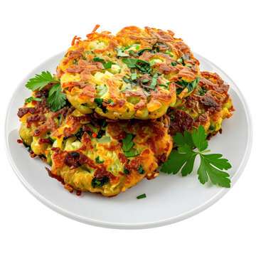 Savory callaloo fritters, a popular caribbean snack made with leafy greens, side view, isolated on white background for travel and food blog content