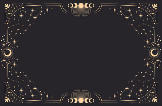 Magic horizontal astrology vector frame. Mystic frame for tarot, esoteric, astrology design. Template for poster and prints.