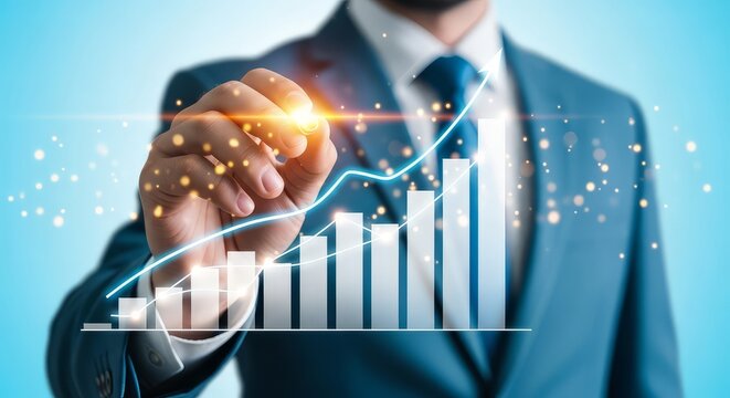 Man in suit drawing a graph showing growth and progress on a light blue background with light effects