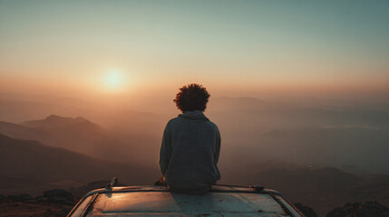 Contemplation at Sunset: A lone figure sits atop a vehicle, silhouette against the breathtaking backdrop of a sunset over the mountains, lost in thought and contemplation.
