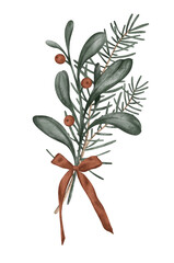 Illustration of a Christmas composition with branches with red berries and bow isolated on white is a popular element in botanical art with fir tree, often used for New year design
