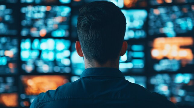 Startup founder pitching investment idea in industrial loft surrounded by neon branding screens.