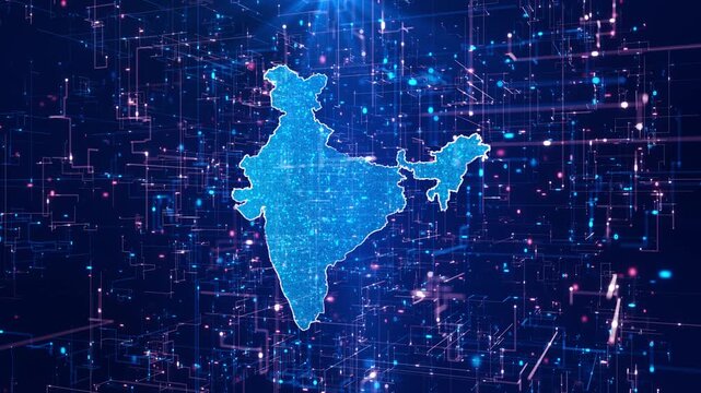 High-tech visualization glowing India map digital network grid, particles sparkle, futuristic design concept, abstract cyber technology theme for business, communication, corporate presentation use.