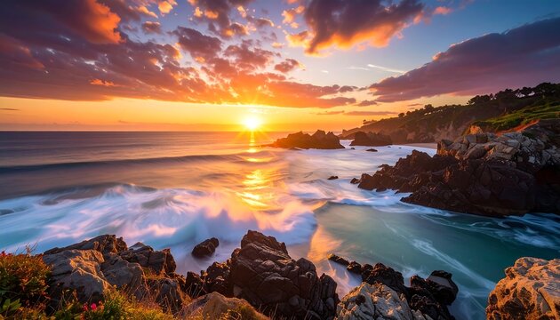 Stunning ocean sunset with warm, glowing sun rays reflecting off moving water and rocky shoreline - Powered by Adobe