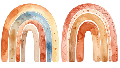 Two watercolor rainbows in muted tones, with textured arcs and a boho style