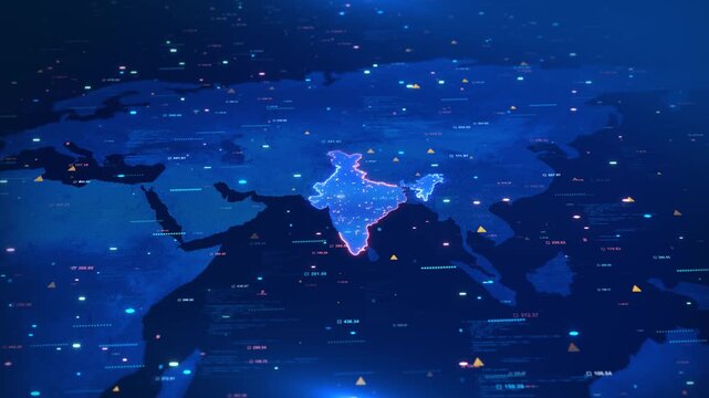 Map of India with borders Cyber security insights Blue map india digital environment. Futuristic Online finance and digital economy. capital New Delhi. world for IoT, mobile web, financial technology