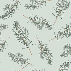 Seamless pattern with watercolor Christmas tree branches or pine branches. Hand painted illustration on isolated background. Repeat ornament for new year.