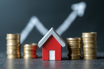 Red house model surrounded by gold coins, rising graph in background symbolizing real estate investment growth and financial success.