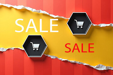 Two hexagonal shopping cart icons peek through torn paper, vibrant red and yellow background. Modern digital design aesthetic.