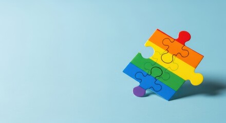 Colorful rainbow puzzle piece on blue background  