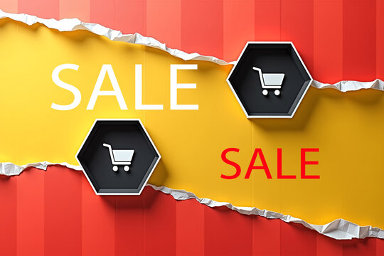 Two hexagonal shopping cart icons peek through torn paper, vibrant red and yellow background. Modern digital design aesthetic.