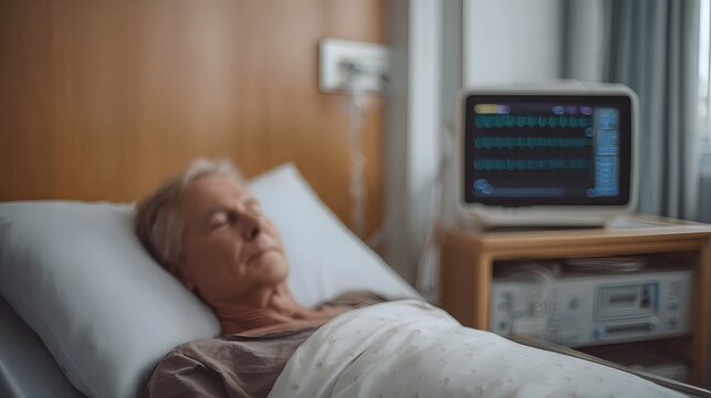 Elderly patient resting in a hospital bed monitored by a sophisticated medical device displaying vital signs in a quiet and sterile room
