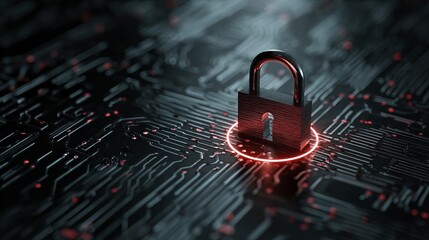 Secure digital data protection with glowing padlock on futuristic circuit board, representing cybersecurity and network defense.