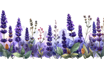 Watercolor depiction of lavender flowers with purple hues and detailed foliage