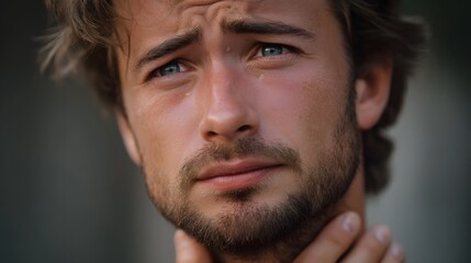 Obraz premium A man s face expressing deep sorrow and distress with tears visible touched by dawn light