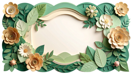 Paper art frame with light colors, leaves, and flowers on a black background