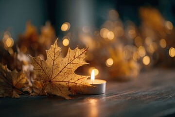 Autumn maple leaf and lit candle on wooden table with warm bokeh background