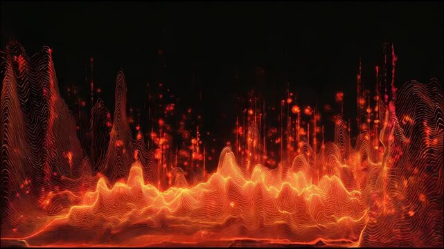 Fiery digital landscape visualizing sound waves and data