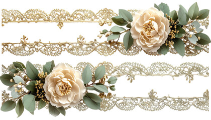 Two decorative golden lace borders with flowers and leaves