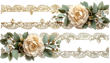 Two decorative golden lace borders with flowers and leaves