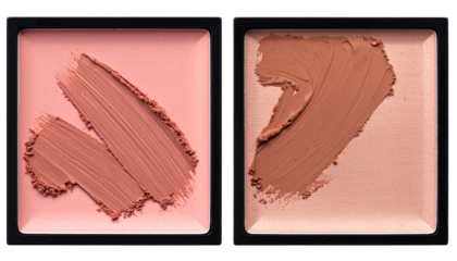 Two square makeup compacts, blush and bronzer swatches in shades of pink & tan
