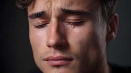 Obraz premium Close up of a man s face with closed eyes shedding tears expressing profound sadness and distress