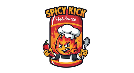 Bold and fiery spicy kick hot sauce product logo with chef flame character design