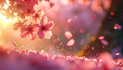 Sunlit cherry blossoms with petals floating downward, creating a warm, romantic, and vibrant springtime atmosphere