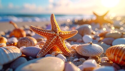 Sunlit starfish on a pebble-strewn beach with gentle waves and distant horizon under a bright sky at sunrise