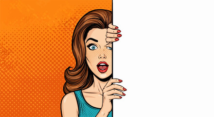 Surprised Pop Art Woman Peeking from Behind Blank White Board with Transparent Background