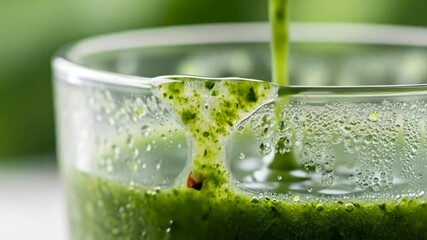 Close up of vibrant green liquid being poured into a clear glass with condensation on a blurred green background - Powered by Adobe