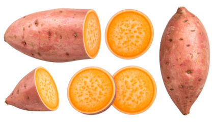 Several sweet potatoes, whole, halved, and sliced, on a black background