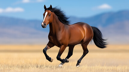 Obraz premium Brown horse running across dry grass field with mountains in background