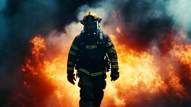 Full-body portrait of firefighter surrounded by massive fire, representing courage, danger, and duty. A cinematic, powerful depiction of bravery and real action under extreme emergency conditions