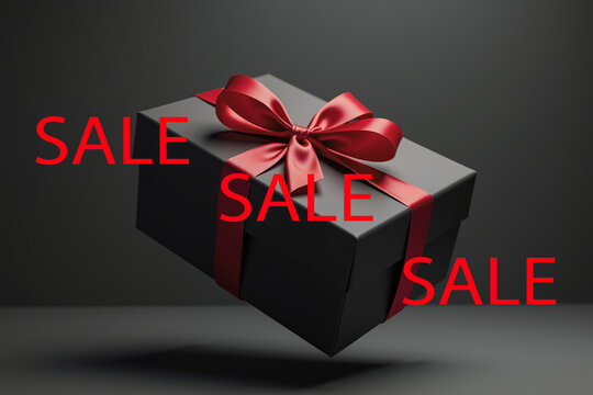 Black gift box with red ribbon and bow, floating against dark gradient background. Minimalist luxury aesthetic. - Powered by Adobe