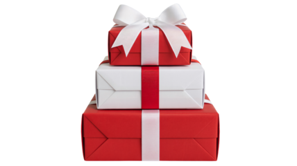Stack of festive red and white gifts wrapped with elegant ribbons, conveying joy, anticipation, and perfect for holiday marketing campaigns and celebrations