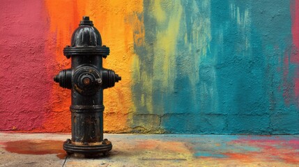 Black Fire Hydrant Against Vibrant Graffiti Wall Texture