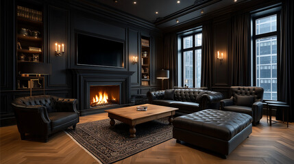 Luxury dark classic living room with leather furniture, fireplace and elegant decor