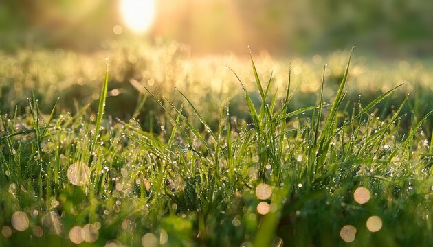 Sparkling Dewdrops On Fresh Grass In Soft Morning Light